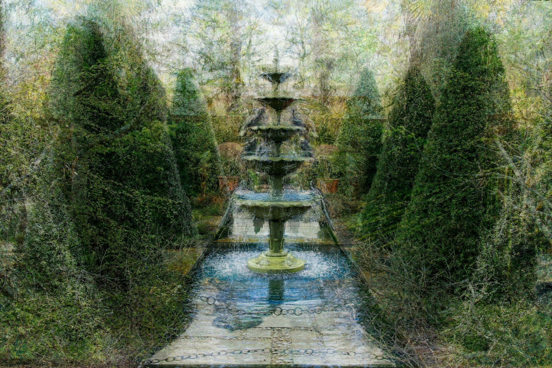A water fountain surrounded by trees in a park